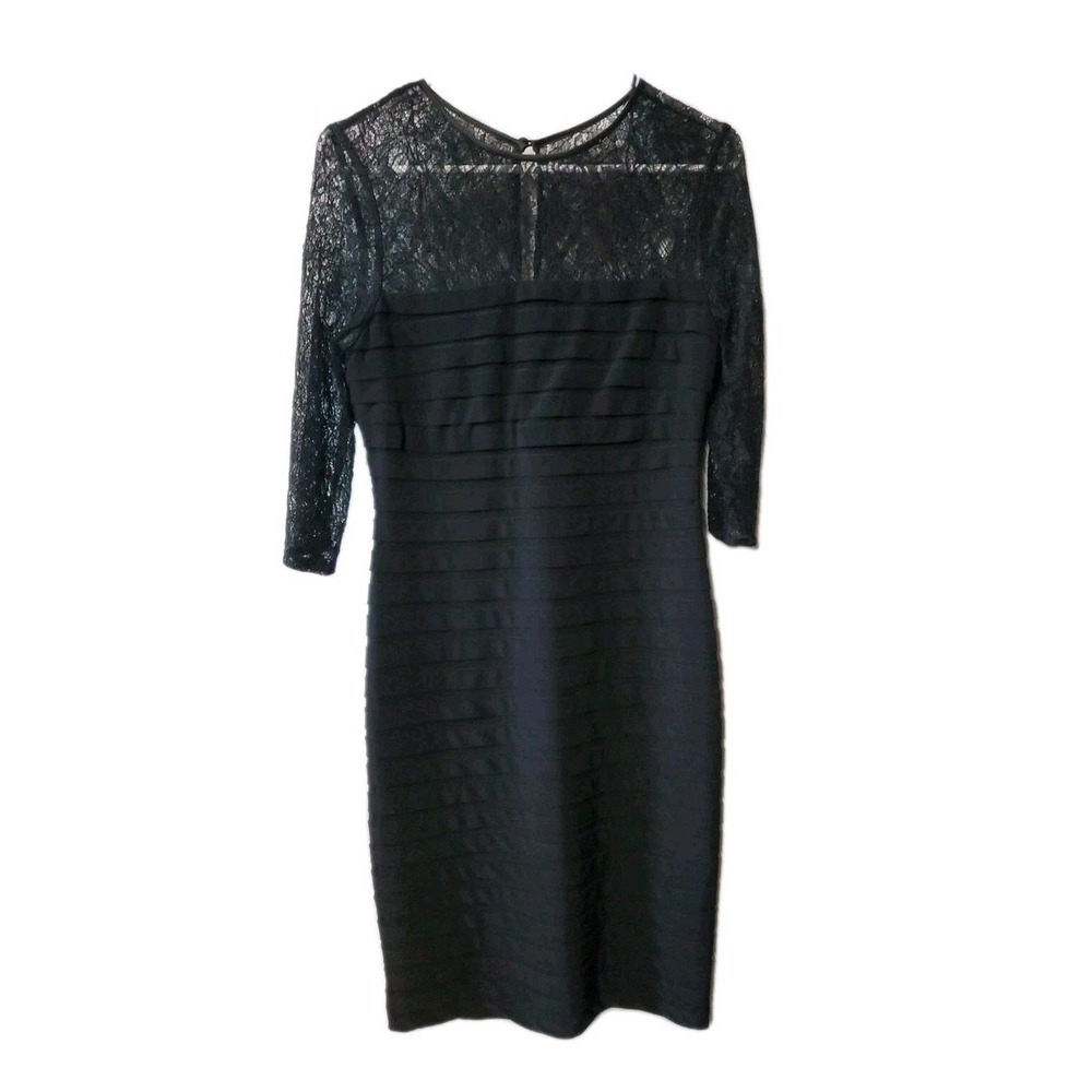 Adrianna Papell‎ Formal Dress Sz 6 Black Lace Tiered Women's 3/4 Sleeves Stretch